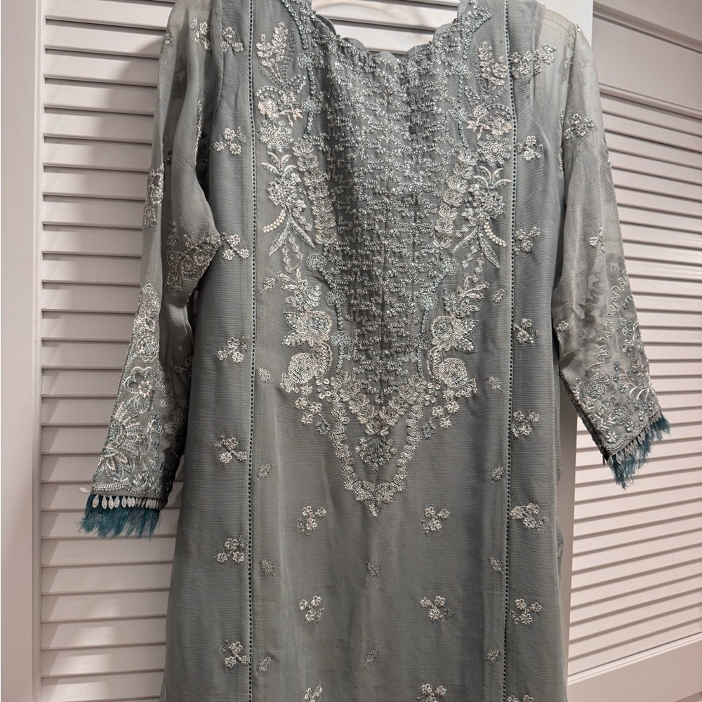 Embroidered Grey Blue Dress & Dupatta shalwar kameez/ desi clothes